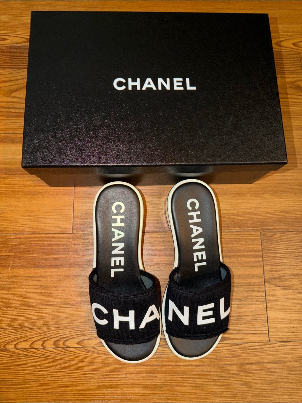 CHANEL 24C Black White CHA NEL Letter Logo Mule Slide Block Heel Sandal Size 36